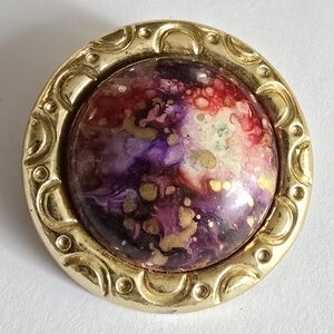 Vintage brooch circle with painted center dome gold tone galaxy nebula space